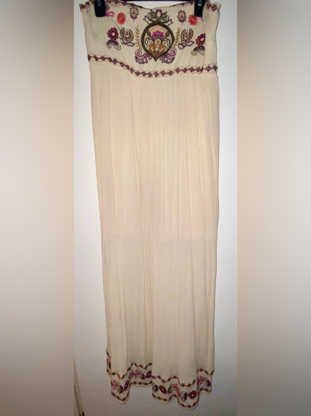 Xhilaration Cream Strapless Embroidered Maxi Dress with Pink & Green Accents